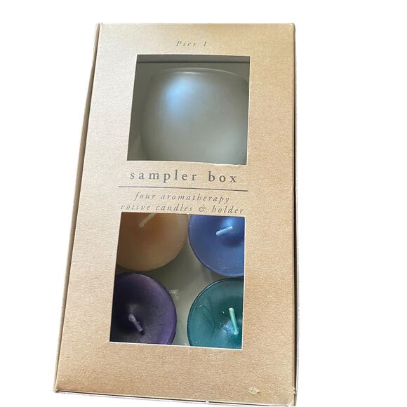 Pier 1 aromatherapy votive candles & holder sampler box -4 vintage rare - Picture 1 of 7